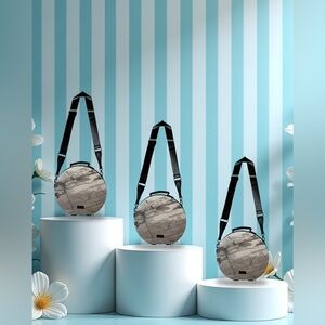 CALPAK Round Marble Hat Box Travel Case w/ Strap - Rare & Stylish